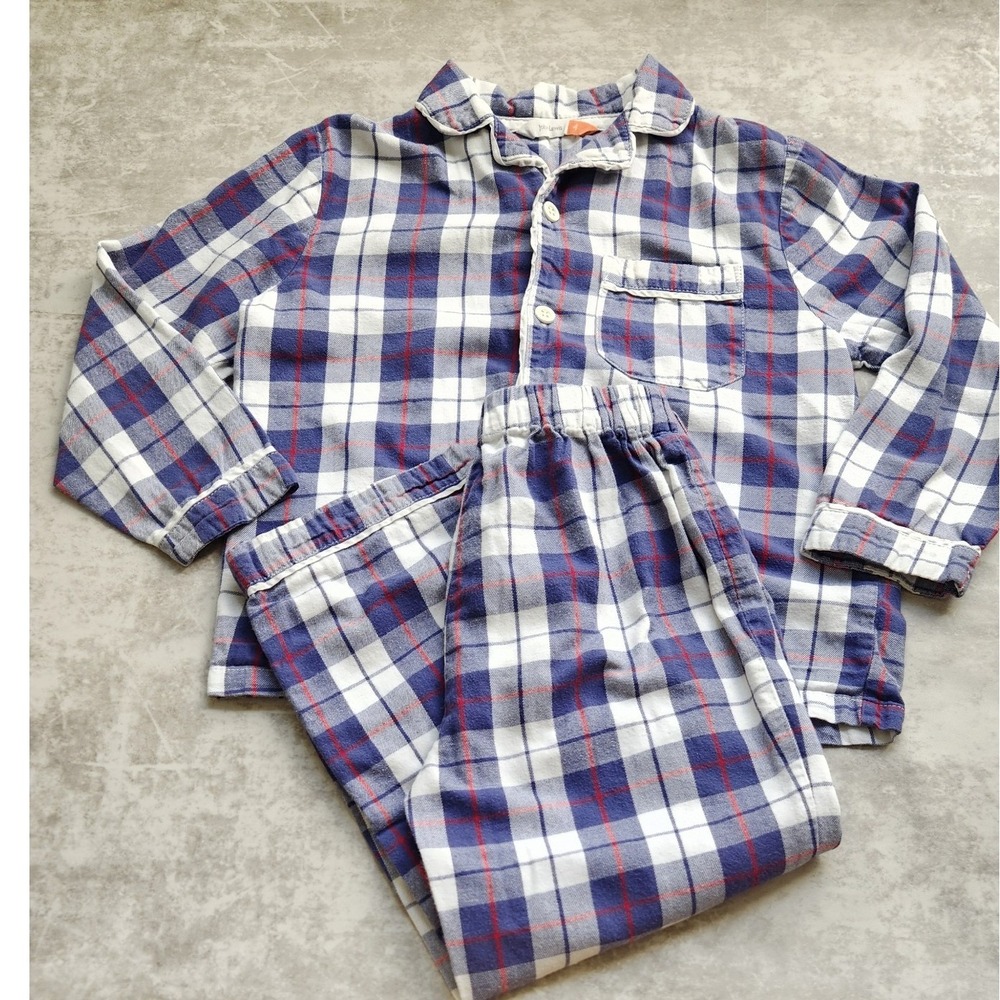 John Lewis Pajama Set Kids Size 4 Blue Check Preppy Plaid Button Down 2PC Unisex